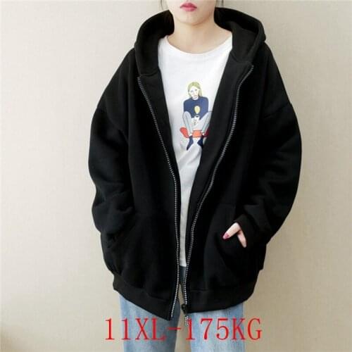 New plus size hoodie plus cashmere 6XL-11XL bust 170CM womens plus size zipper pocket plus cashmere loose hooded jacket