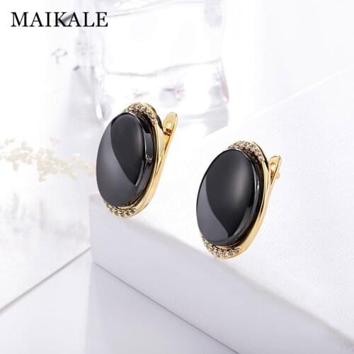 MAIKALE Classic Round Ceramic Stud Earrings Cubic Zirconia Plated Gold High Quality Earrings For Women To Friend Gifts