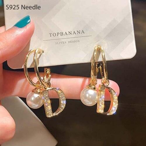 Real 925 Sterling Silver Needle Dangle Drop Earrings for Women Jewelry Letter D Pear Korean Fashion Personality Female Earrings