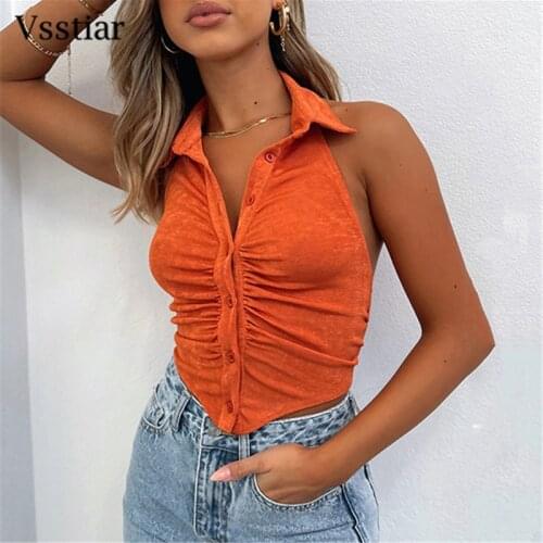 Vsstiar Ruched Crop Tops 2021 Orange Backless Button Up Summer Women Sheath Vest Fashion Streetwear Collar Sexy Tank Top Femme