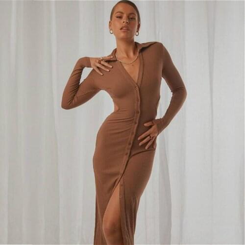 2021 New Autumn Long Dress Women Long Sleeve Lapel V Neck Hollow Out Bodycon Split Dress Solid Color Eleagnt Sexy Dress Female