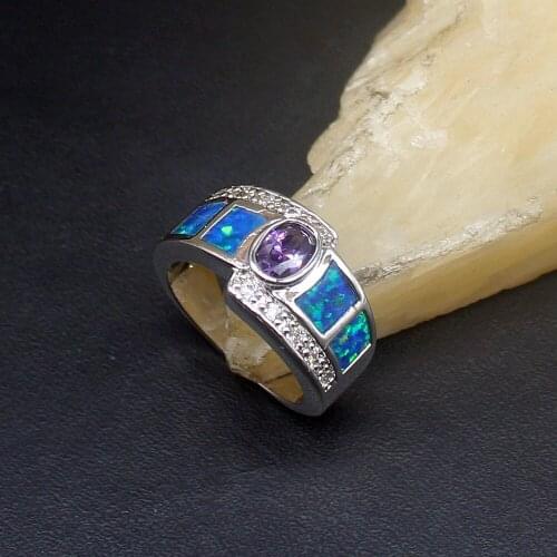 Hermosa Gorgeous Blue Opal Amethyst Genuine 925 Silver Band Ring Wedding Engagement Gifts for Women Size 6.5# 20214327
