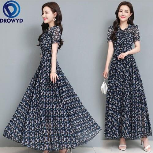 2021 Summer Boho Beach Maxi Dress for Women Fashion V-neck Short Sleeve Black Flower Printed Chiffon Long Dresses Party Vestidos