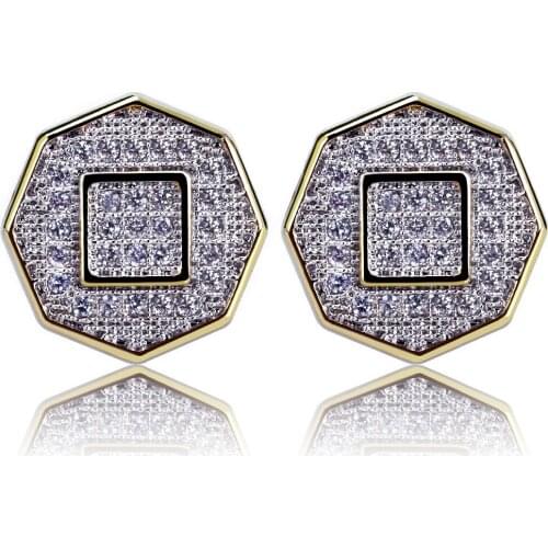 Hip Hop Gold Color Iced Out Cubic Zircon Geometric Stud Earrings Men Women Trend Jewelry Gifts With Screw Back Buckle