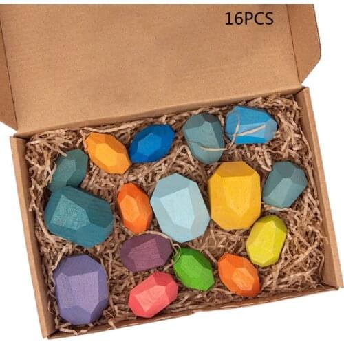 16 Pcs Children Wooden Colored Stone Stacking Game Building Block Kids Creative Educational Toys