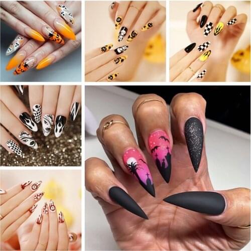 24PCS New Halloween Stiletto False Nails Wearable Coffin Fake Nails Detachable Full Cover Nail Tips Press On Nails DIY Manicure