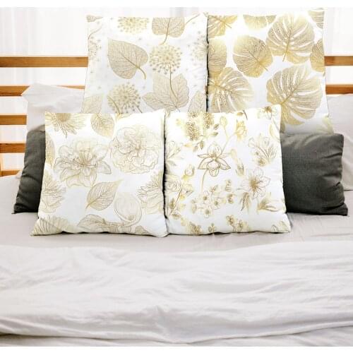 45*45cm Soft Cool Pillow Cover Leaf Flower Golden Flannel Bedside Back Sofa Pillowcase Home Decoration Cotton Pillow Case
