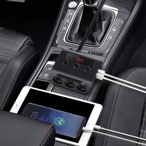 Car Charger Splitter 12V/24V 100W Car Power Outlet with Switch Voltage Display 4 USB Ports Car Charger Adapter