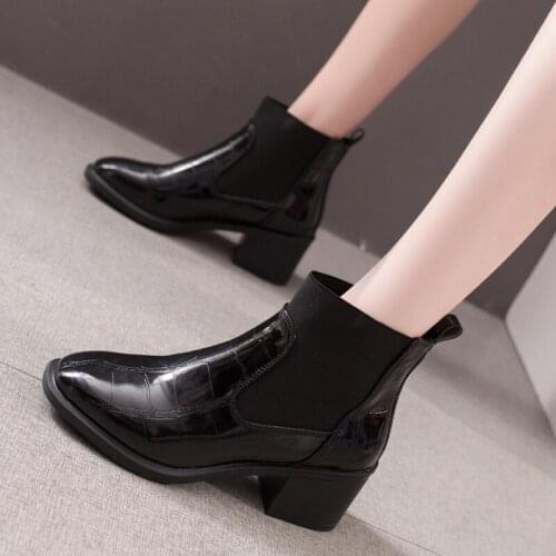 Patent Leather Shoes Shoes Female Heels 5cm Autumn Winter Boots Black Ankle Boots for Women Fashion Punk Cowboy Boots Femme