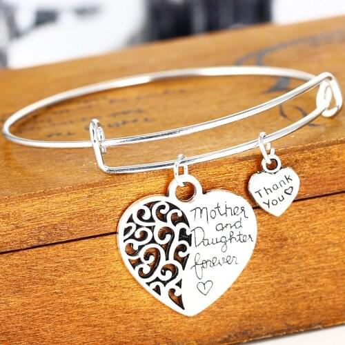 Thank You Love Heart Mother And Daughter Bangle Mothers Day Gifts Charm Bracelet For Mom Women Jewelry Silver Plated