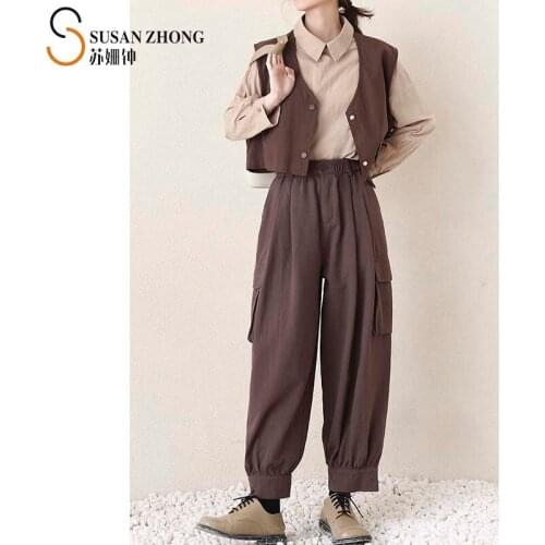 Women Pants Female Trousers Lady Bottom 2021 Spring Natural Normcore Designer Loose Wide-Leg Cotton Elastic Waist Pocket Cargo