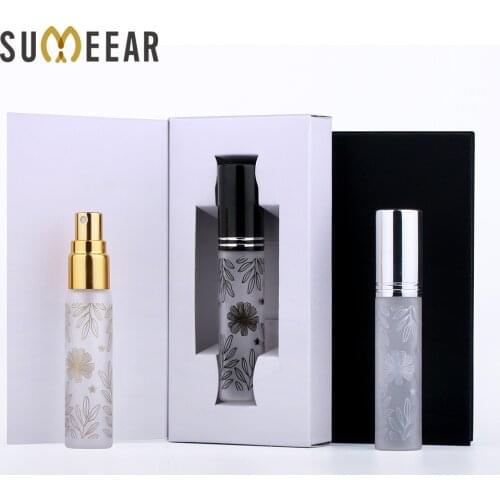 50 Pcs/Lot 10ml Pattern Frosted Perfume Bottle with Package Box Refillable Glass Perfume Bottle Vial With aluminum Mist Sprayer