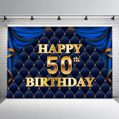 Gold Happy 50th Birthday Party Photography Backdrop Blue Curtain Tufted Decorations Photo Booth Props Background