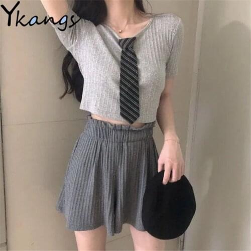 Korean Slim T-shirt Womens Wide Leg Shorts Sports Suit Shorts Set Summer New Ladies Tie Short Sleeve T-Shirt High Waist Shorts