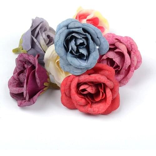 10pcs/lot Cheap 4cm Silk Artificial Retro Rose Flower For Home Wedding Christmas Decoration DIY Wreath Handicrafts Fake Flowers