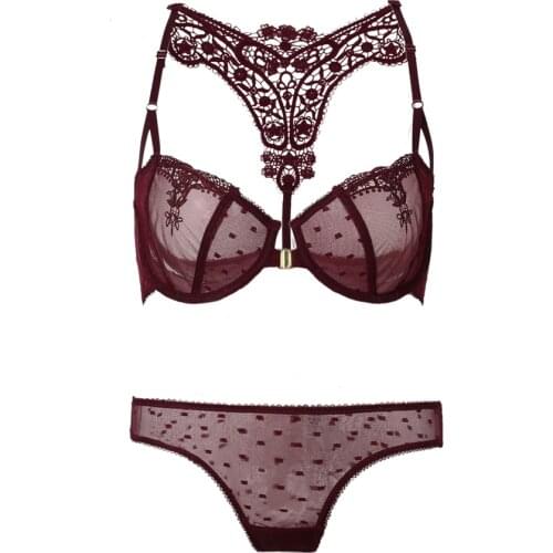 Embroidery Lace Mesh Transparent Bra and Panty Sets Front Closure Halter Backless Bras Sexy Lingerie Set Underwear Women