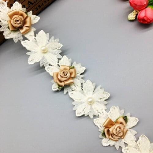 1 yard Apricot Pearl Rose Flower Embroidered Lace Trim Ribbon Fabric Handmade Sewing Craft For Costume Hat Shoes Decor 4.5CM