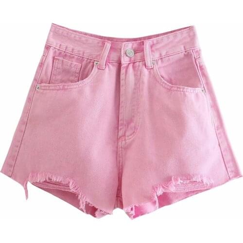 Summer Fashion Womens High Waist Color Pink Denim Shorts Tassel Hollow Jeans