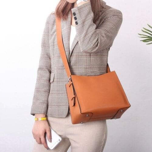 WOONAM Women Fashion Handbag Top Hide Genuine Calf Leather Bucket Shoulder Cross Body Bag BG2029