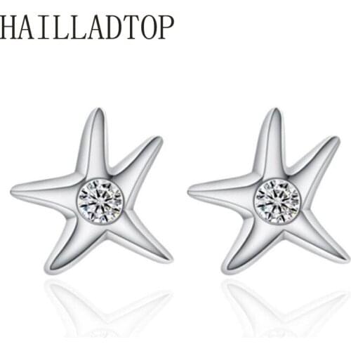 Fashion Jewelry Silver Stud Earrings Top Quality Crystal Luxury Asymmetric Five-pointed Star Starfish Earrings Clear CZ Bijoux