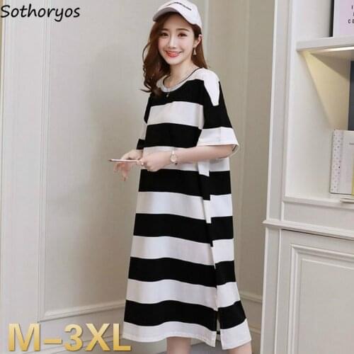 Nightgowns Women Striped Short-sleeveless Side-split Simple Skin-friendly Sleep-shirts Plus-size 3XL Female Loose Casual Fashion