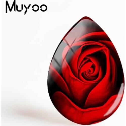2018 New Red Rose Pattern Art Jewelry Flowers Romantic Glass Cabochon Photo Hand Craft Tear Drop Cabochons For Women