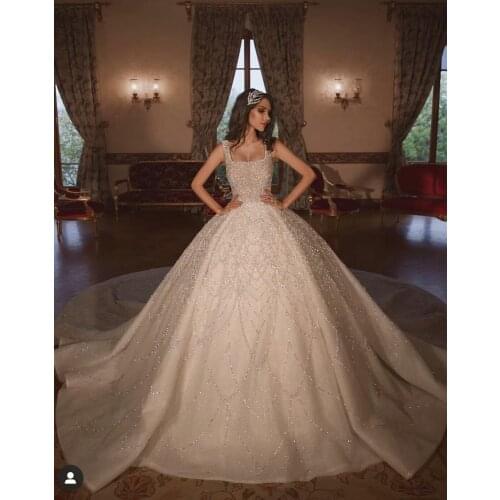 2020 New Luxurious Ball Gown Wedding Dresses Sequins Beads Square Neck Vestido De Noiva Sweep Train Arabic Dubai Wedding Gowns