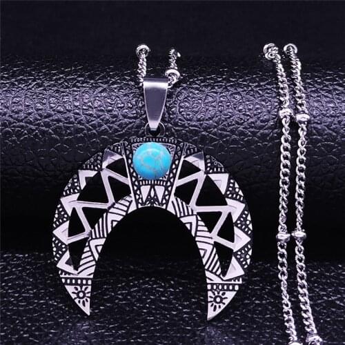 Bohemian Geometry Moon Stainless Steel Natural Stone Pendant Necklace Women Silver Color Boho Vacation Jewelry bijuteria N4091S0