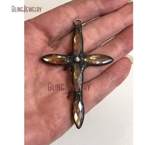 PM28994 Molten Soldered Crystal Champagne Marquise Black Cross Pendant Bohemian Charm Metalwork Altered Art Supply Jewelry