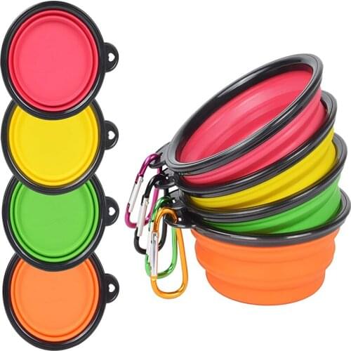 Portable Silicone Dog Feeding Bowl With Carabiner Folding Cat Bowl Travel Dog Food Water Dishes Pet Accessories