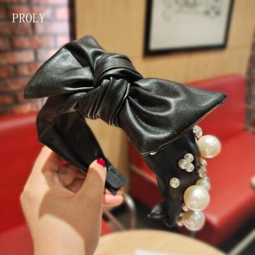 PROLY New Fashion Women Headband PU Leather Pearls Hairband Big Bowknot Headwear Girls Classic Hair Accessories Turban