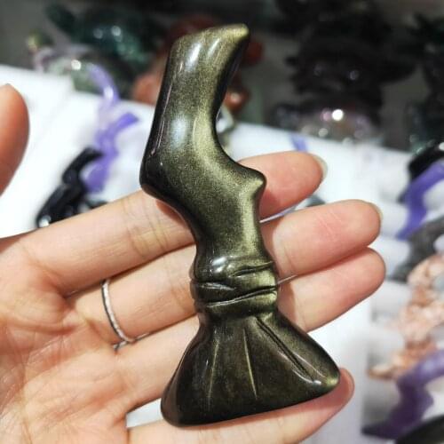 Natural Golden Obsidian Carved Magic Broom Quartz Figurine Halloween Decor Aesthetic Feng Shui Healing Crystal Witch Reiki Gift