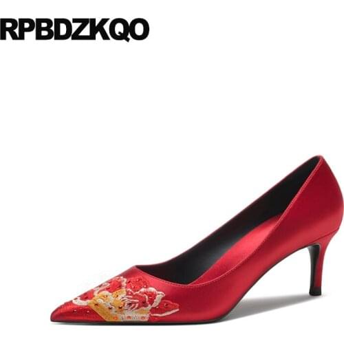 Handmade Red Stiletto Women Pumps Girls Ivory Rhinestone Diamond Crystal Wedding Shoes High Heels Folk Embroidered Bridesmaid