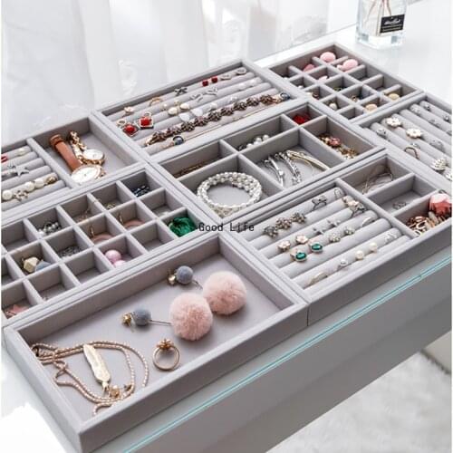 DIY Jewelry Box Tray Storage Organizer Gray Soft Velvet Drawer Rings Earrings Pendants Storage Showcase