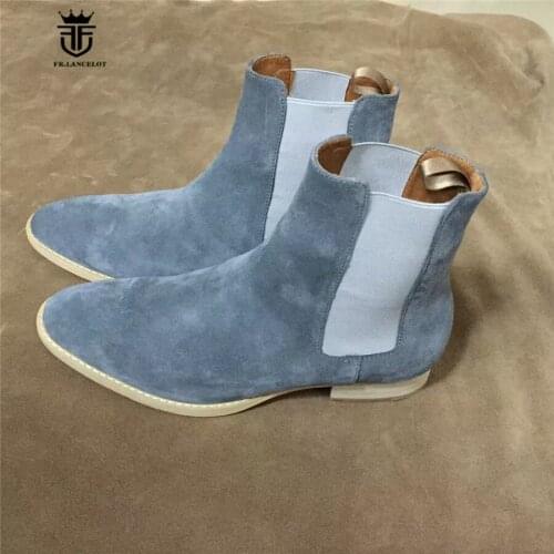 Slip on Wedge Comfortable Gray/Dark Blue Suede Leather Chelsea Boots Ponited Toe Denim Handmade Dress Boots