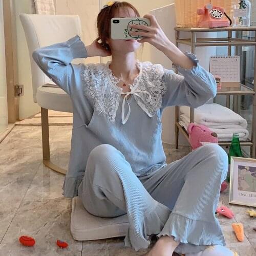 Spring Autumn Maternity Women Pajamas 2PCS Set Lace Patchwork Collar Flare Sleeve Shirts+Wide Leg Flare Pants Pregnant Sleepwear