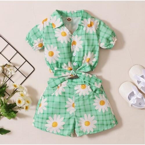 #VW Children Baby Girls Suit Short Sleeve Sunflower Printed Bowknot Turn-down Collar Tops+Loose Shorts Outfits Summer Casual Set