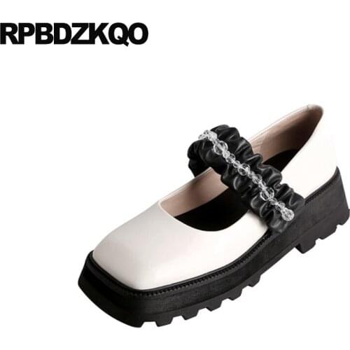 Platform Creepers Designer Beaded Patent Leather Thick Sole Mary Jane Wedge Muffin Square Toe Vintage Beige Women Dress Shoes