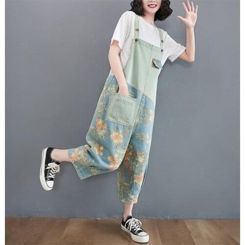 Loose Wide Leg Mom Jeans Rompers Casual Plus Size Jean Jumpsuits Patchwork Print Floral Denim Overalls Blue Baggy Pant For Women