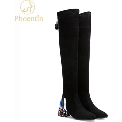 Phoentin black overknee high boots woman 2020 rhinestone heels slim stretchable thigh boots with fur party shoes female FT1101