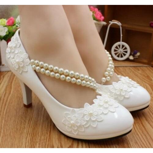 High heels wedding shoes womens white color lace pearls brides shoes woman HS006 female womens spring beaded straps pumps