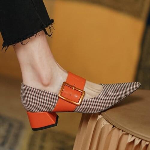 New Spring/Autumn Shoes Women Pointed Toe Chunky Heel Fabric High Heel Pumps Mixed Color Square Button Ladies Shoes