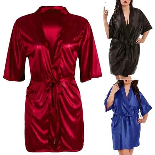 Women Solid Color Bathrobe Large Size Sexy Satin Night Robe Silk Cardigan Waist Bandage Home Patch Bag Bathrobe