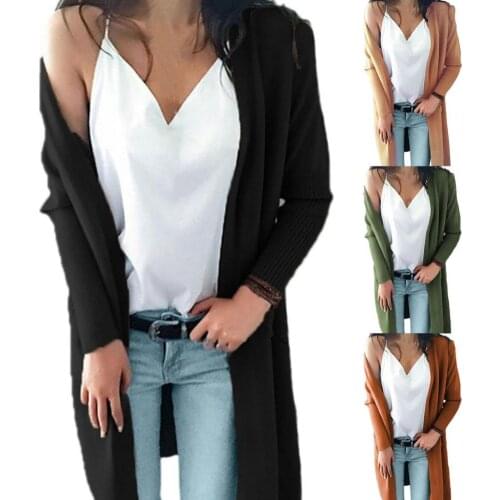 Office Lady Cardigan Solid Color Double Pockets Autumn Winter Women Long Sleeve Knitted Coat Streetwear