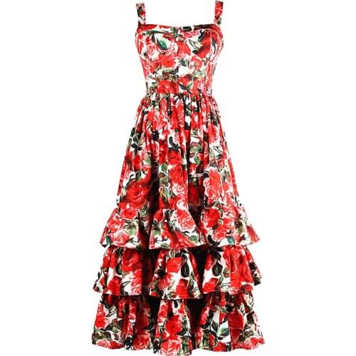 High Quality 2020 Summer And Autumn Brand Printing Strap Zipper Cascade Cake Type Slim Was Thin Women Dress Free Shipping