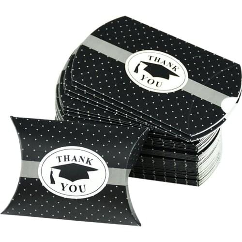 10pcs Bachelor Cap Hat Candy Box Thank You Black Dot Pillow Shape Cookie Candy Box For Graduation Party Gift Packing Decoration