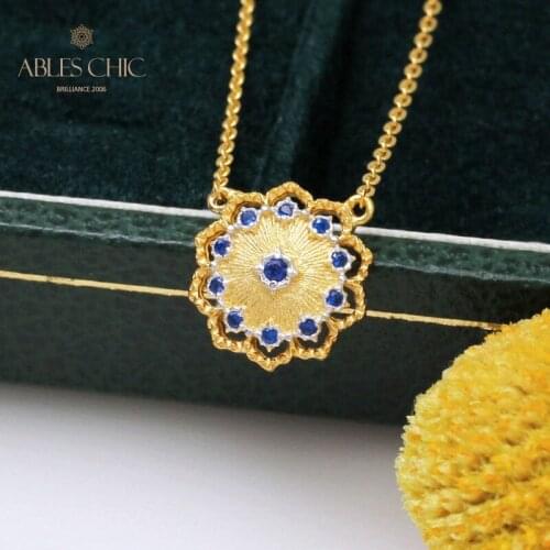 18K Gold Tone Renaissance Silky Floral Sapphire CZ Pendant 925 Solid Silver Filigree Fabric Pattern Wedding Necklace C11N3S25327