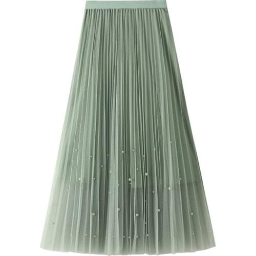 2021 New Green Pink Spring Summer Tulle Skirt Female High Waist Beading Mesh Pleated Skirt Women Midi Long Maxi Tutu Skirts