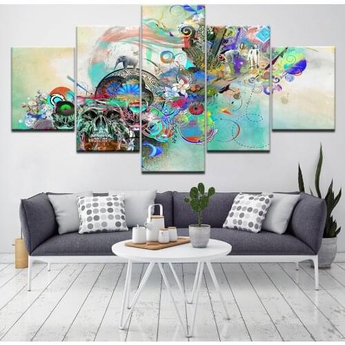 Framed 5 Panels Colorful skull head Canvas Print Painting Modern Canvas Wall Art for Wall Pcture Home Decor abstract Artwork