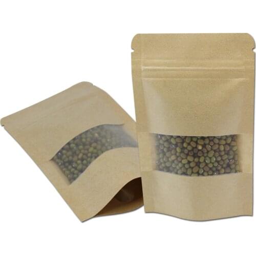 50pcs/Lot Stand Up Kraft Paper Self Seal Zip Lock Bag for Coffee Powder Tea Nuts Package Recycled Matte Clear Window Craft Pouch